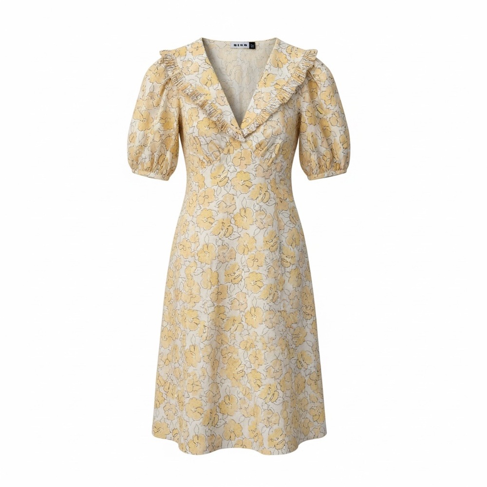 RIXO Yellow and Cream Floral Midi Dress